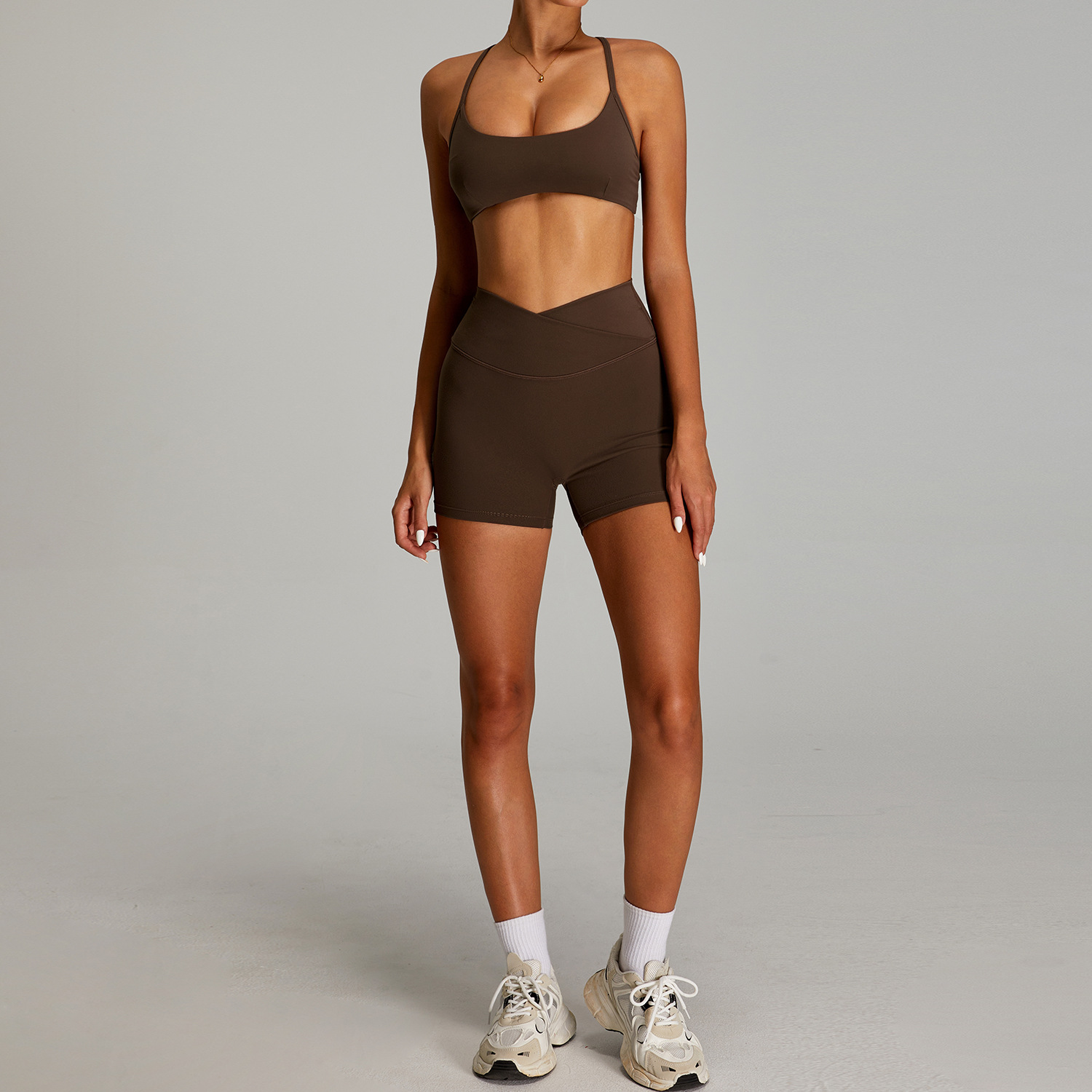 Traje de ropa de yoga desnuda de cintura alta cruzada transfronteriza, ropa de fitness ajustada de secado rápido para mujer, traje de carrera para deportes al aire libre