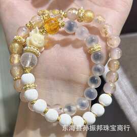 景区同款白瓷珠糖心玛瑙粉金箔九尾狐狸九宫八卦心经多圈手串批发