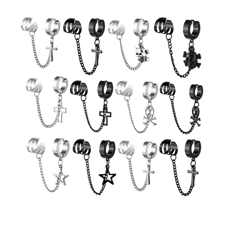 A Piece of Punk Fashion Stainless Steel Cross Star Skull Earrings for Men and Women, Chain-Style Dangle Earrings Wholesale