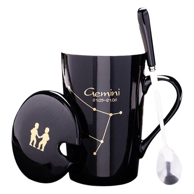 Venta caliente doce constelación Taza de cerámica con tapa cuchara taza de té pareja taza agua logo impreso regalo de mano