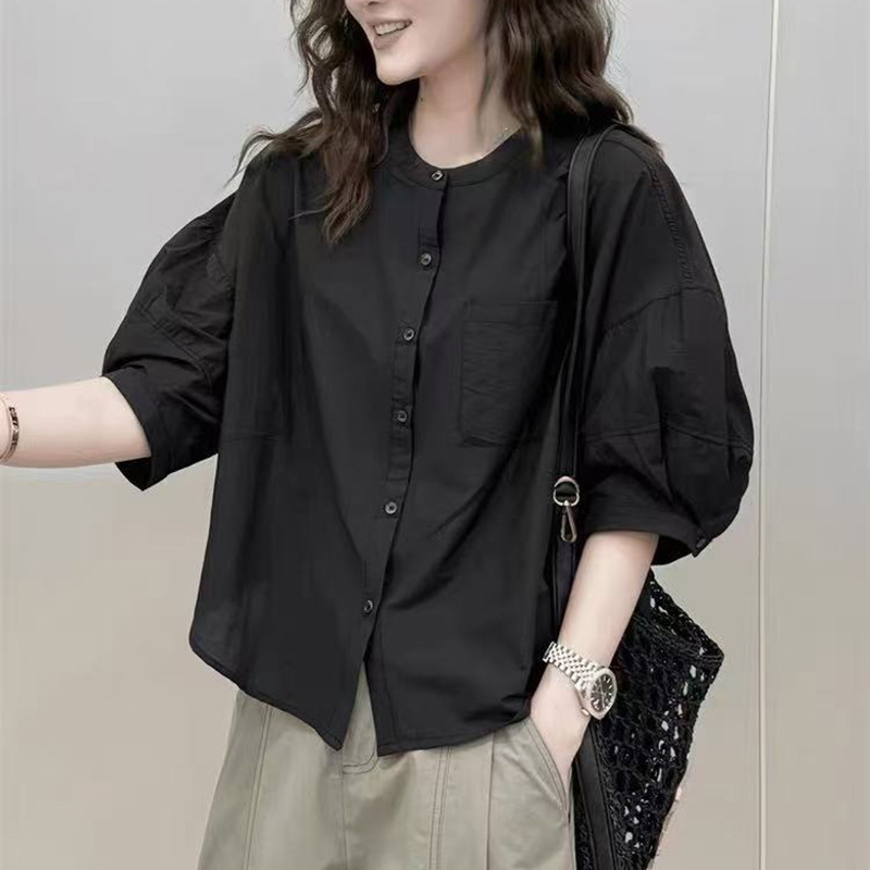 French High-End Black Pure Color Three-Quarter Sleeve Shirt for Women 2025 New Summer Loose Sun Protection Cardigan Top for Women French High-End Black Pure Color Three-Quarter Sleeve Shirt for Women 2025 New Summer Loose Sun Protection Cardigan Top for Women