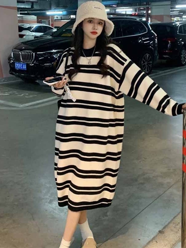 秋冬韩版宽松针织连衣裙长款过膝条纹打底衫慵懒风毛衣裙外穿圆领|undefined