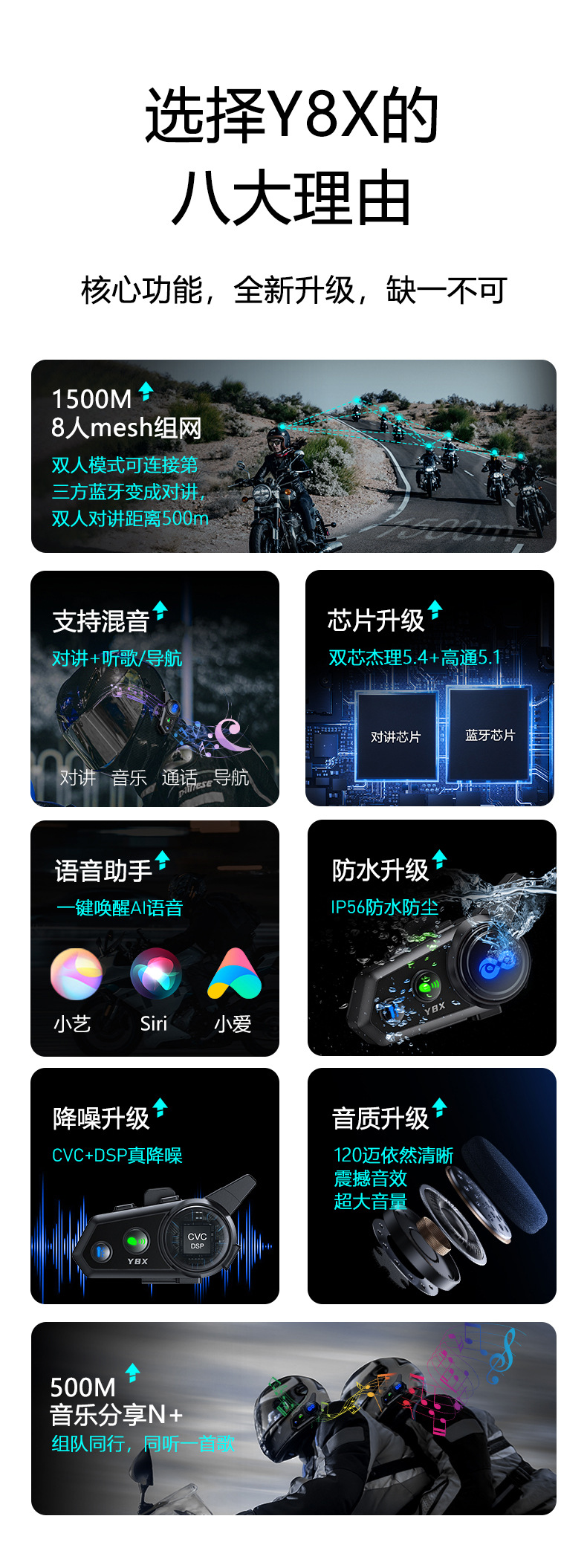 New Y8X Multi-Person Intercom Helmet Bluetooth Headset Mixing Channel Switching Waterproof Bluetooth Headset Factory Wholesale
