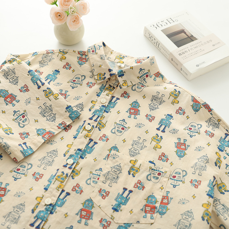 2025 Summer New Graffiti Robot Print Marathon Short Sleeve Shirt Women's Cardigan Top Wholesale