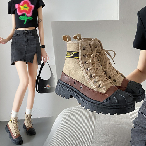  autumn new style Martin boots Korean style versatile motorcycle boots ins trendy thick-soled canvas casual student boots JCD01