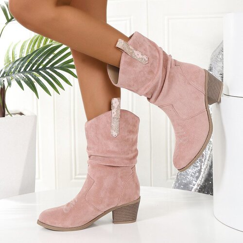 Women's Cross-Border Western European and Chinese Mid-Calf Fashion Boots, Plus Size Retro Rough Heel Pleated Slip-On V-Mouth Western Cowboy Boots