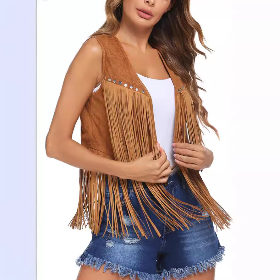 Summer Amazon 2025 New Tassel Jacket Women's Suede Buckle-free Mid-length Vest Vest Jacket Cardigan