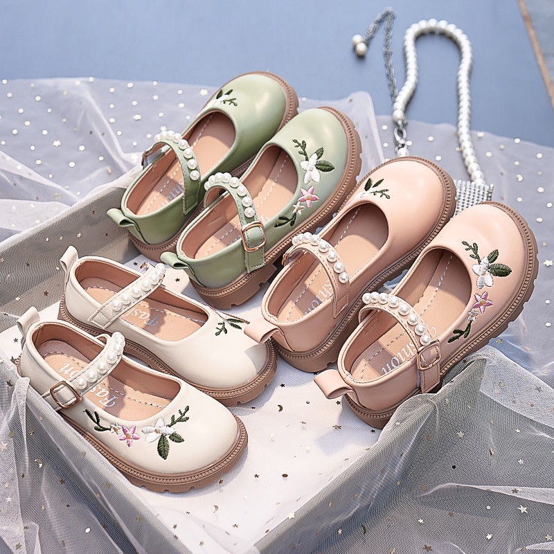 Girls' Leather Shoes 2024 Spring and Summer New Style Girls Fashion Single-layer Shoes Pearl Embroidered Soft-soled Princess Shoes Baby Shoes