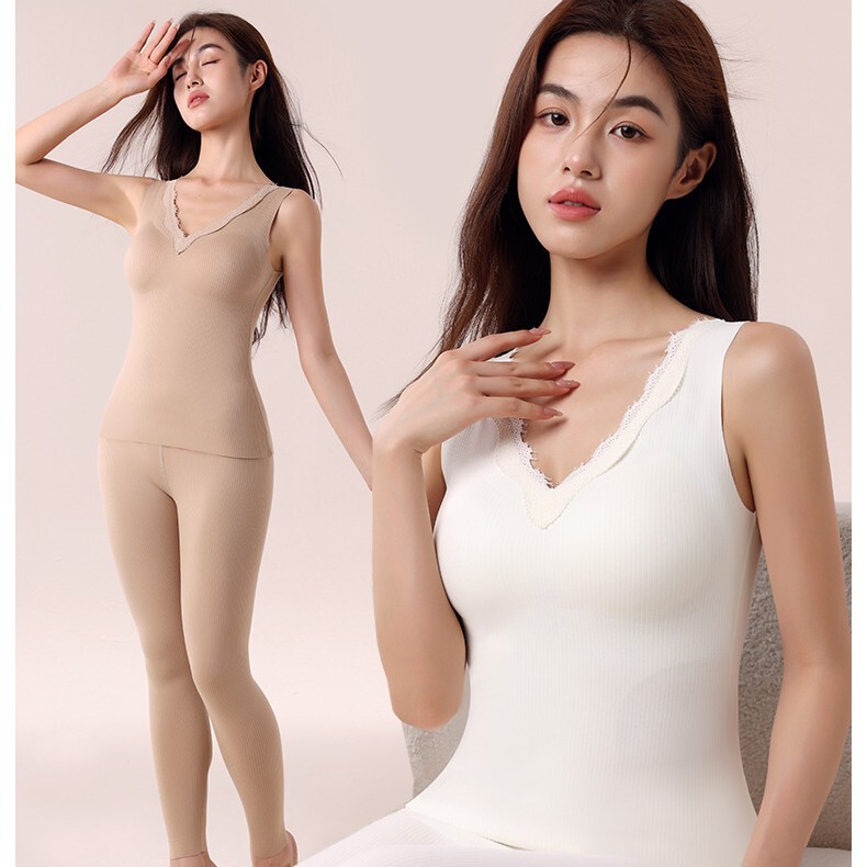 Autumn and Winter Wool Silk Thermal Vest for Women with Bra Integrated Fleece Top and Leggings Versatile Base Layer Underwear Set