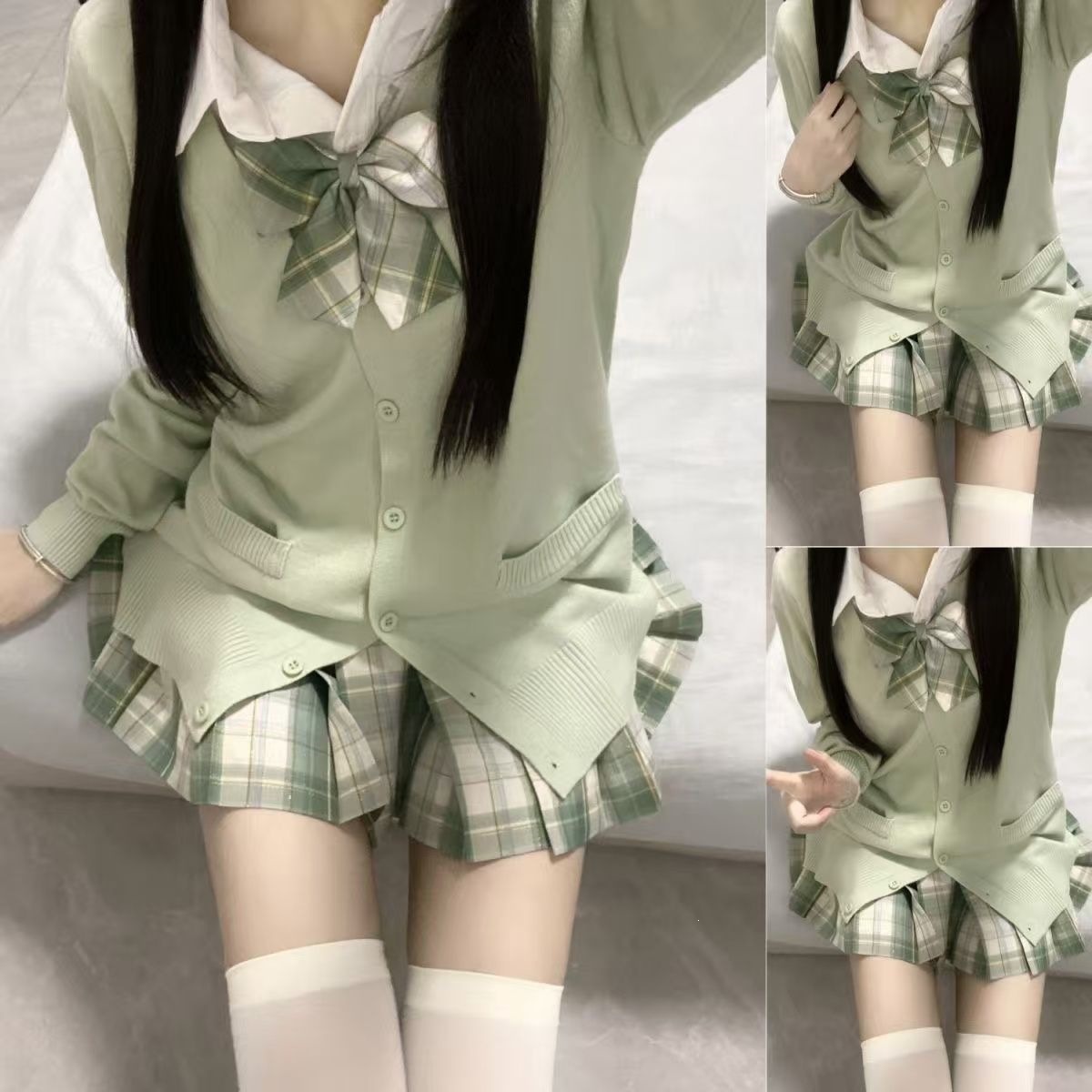 现货JK制服秋冬套装格裙衬衫长袖毛衣开衫学院风校供女校服班服