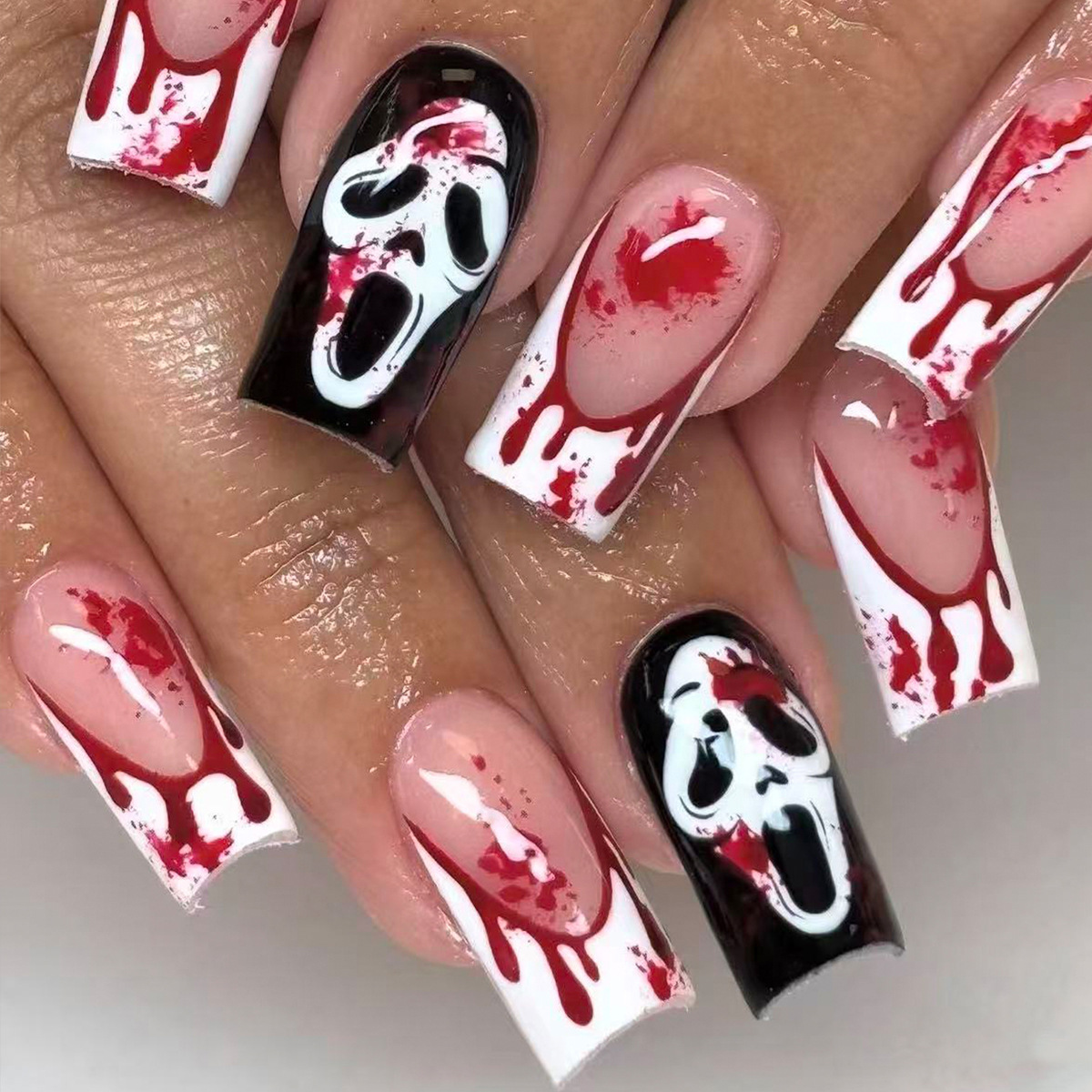 2026 New Halloween Wearable Nails - Grim Reaper White French Print with Blood Drop Pattern - Cross-Border Nail Art Wholesale