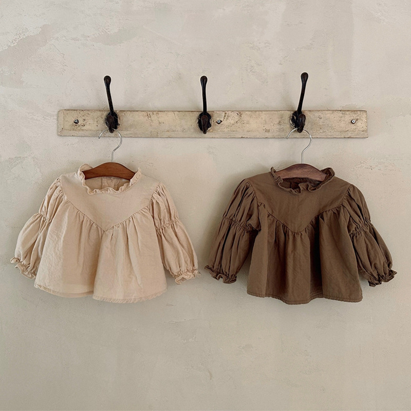 Estilo coreano ins otoño nueva camisa de los niños niñas bebé estilo occidental lindo Fei borde linterna manga suelta muñeca camisa