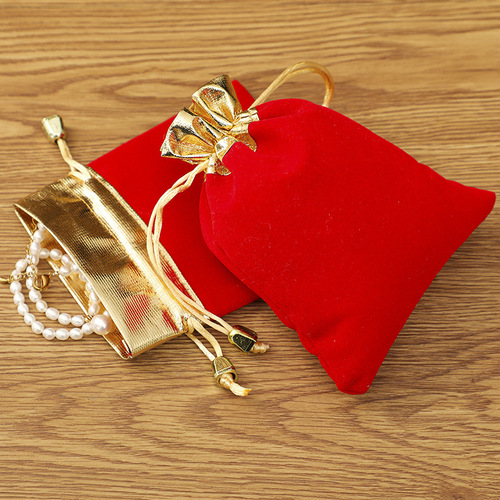 Factory wholesale gold-mouthed velvet drawstring pouches for red jewelry and accessories, gift packaging bags