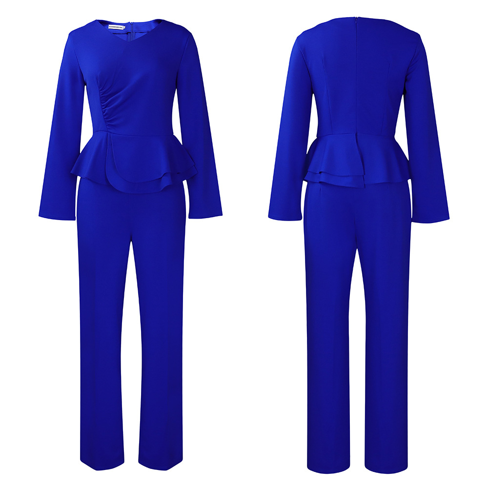 Autumn and winter women's new long-sleeved elegant temperament OL ruffled V-neck tops and pants two-piece set_voghion.com