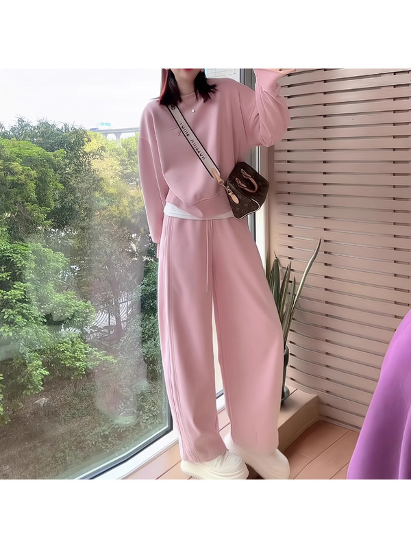 温柔盐系休闲运动套装女2025秋洋气减龄粉色卫衣高腰阔腿裤两件套|undefined