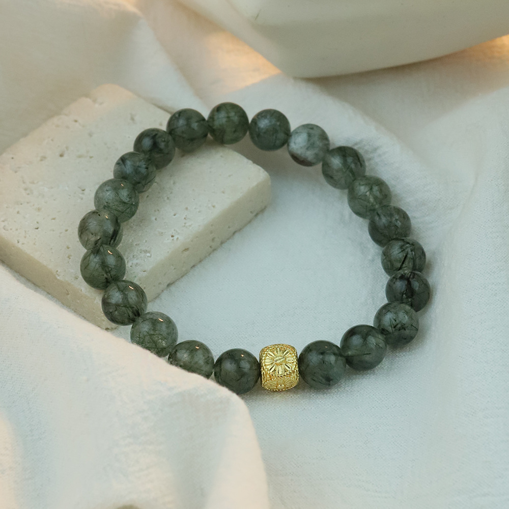 Mingdu Crystal Pulsera de cuentas redondas de cristal de cabello verde natural Nuevo estilo chino salvaje estilo ins con joyería de pulsera chapada en oro Hanfu