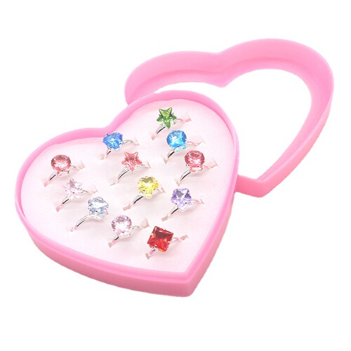 New children's ring 12 love boxed rhinestone hand ornaments girl toy ring foreign trade supply rhinestone meson
