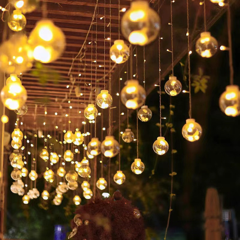 Cadena de luz de bola solar, tienda de jardín impermeable al aire libre, cadena de luz de campamento, decoración navideña, cadena de luz de ambiente