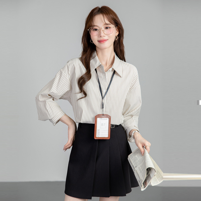 法式条纹衬衫女士收腰2025秋季韩版职业通勤衬衣开叉设计感小上衣|undefined