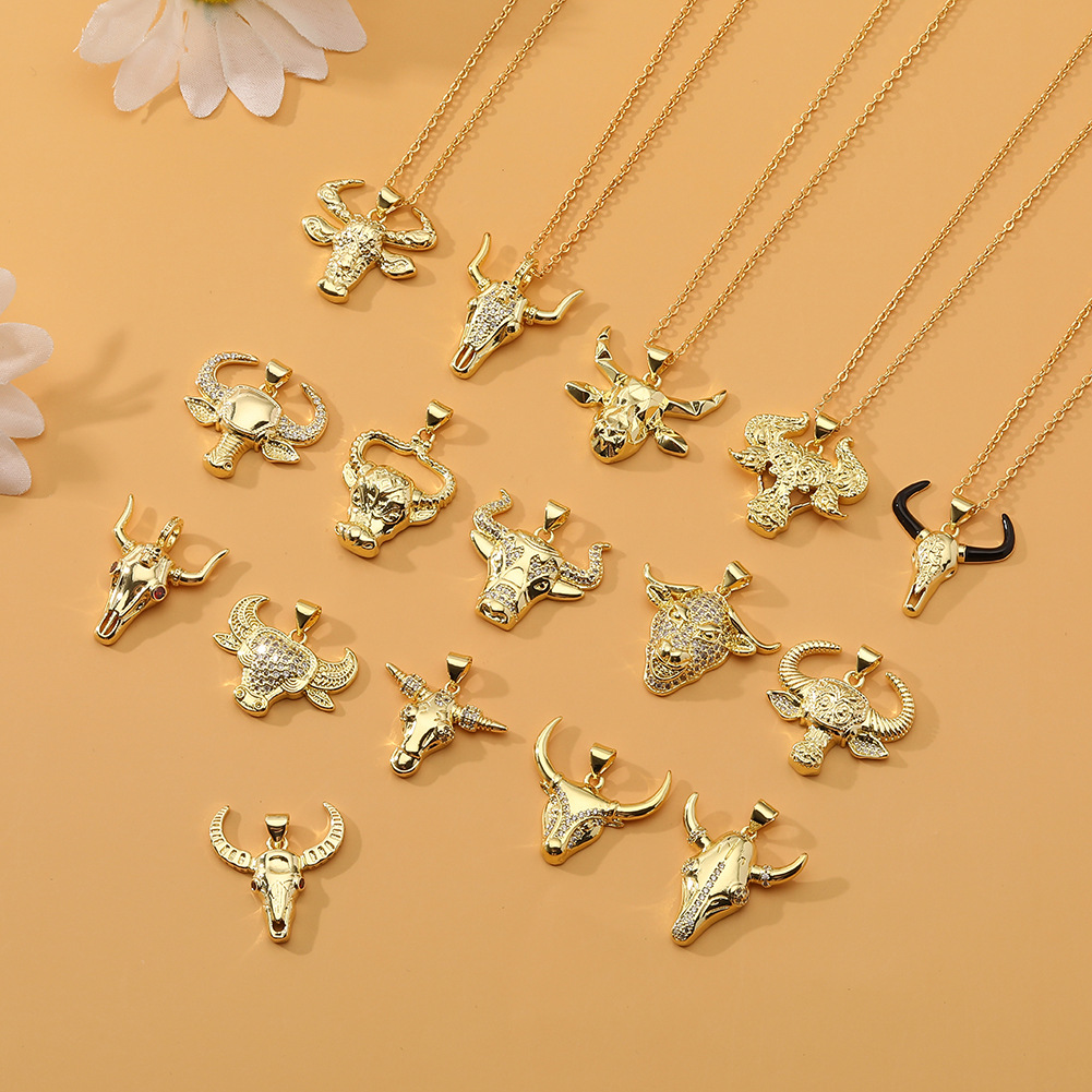 Hip-Hop Bull Head Copper Gold Plated Pendant Necklace