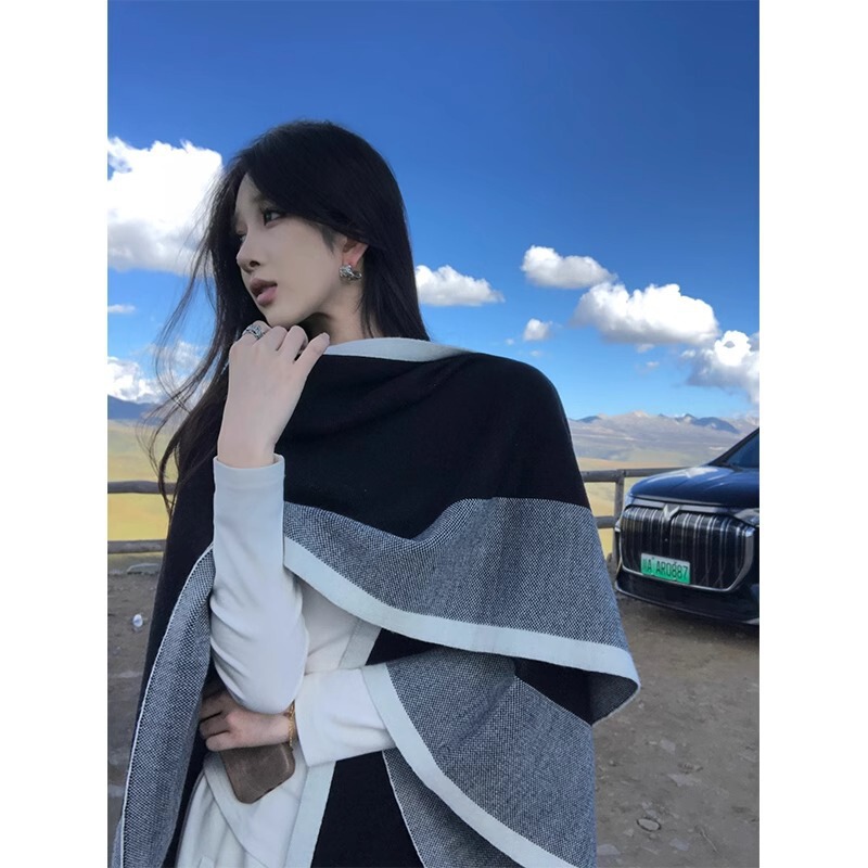 2025 新しいカジュアルスタイルデザインコントラストカラーラージショール女性のファッションルーズ多用途ニットショール|undefined