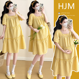 Real shot in stock small fresh short sleeve bubble plaid pregnant women dress fashion slim chicken yellow A- line skirt