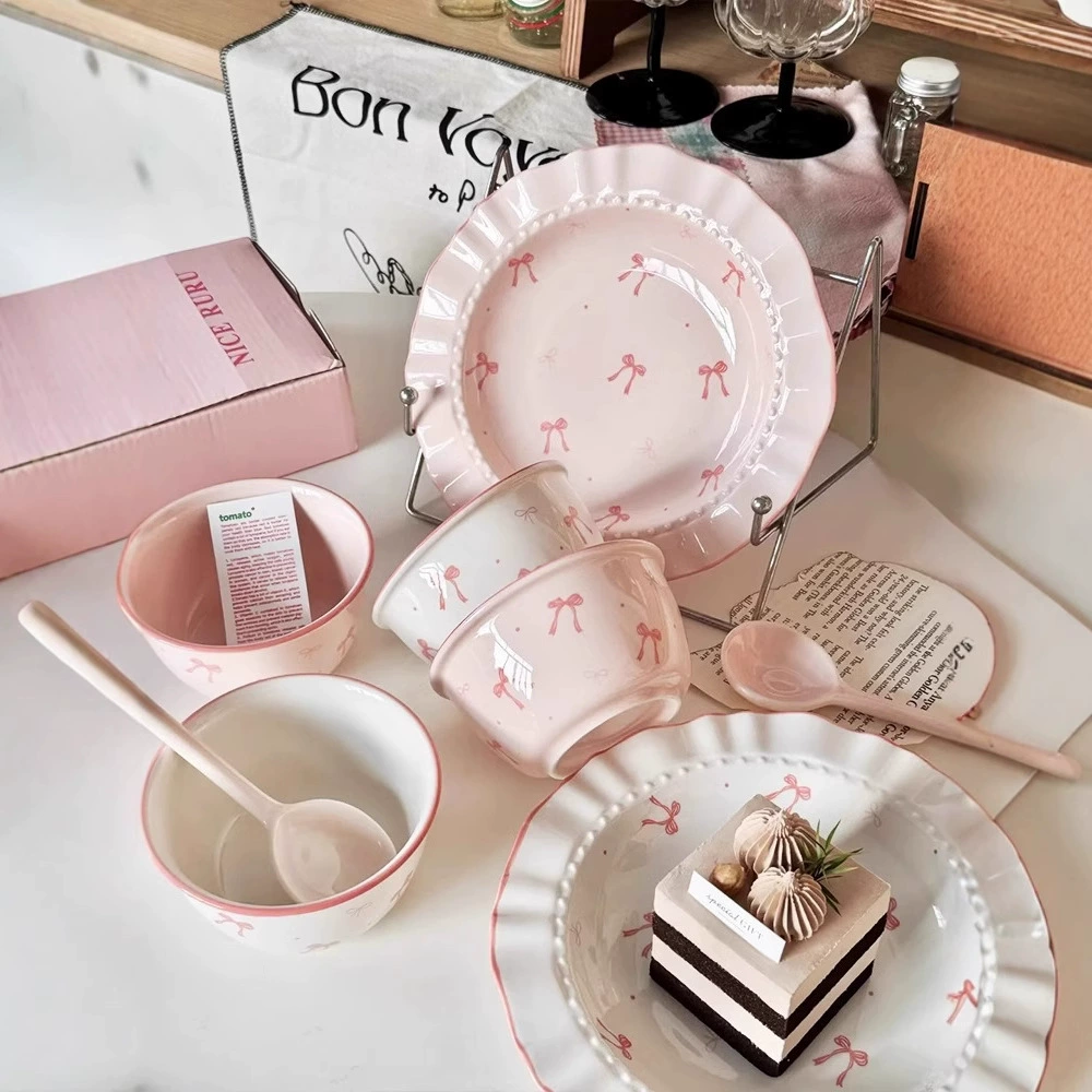 Ceramic tableware set with bow pattern, cute pink bows, multiple-piece dining kit