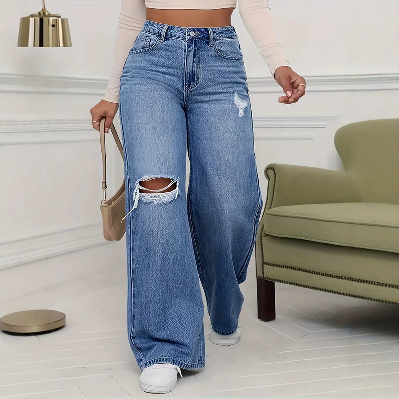 Cross-Border Magic Weave Wide-Leg Straight High-Waisted Floor-Length Pants for Women, Ripped Jeans, Light Blue, Amazon 2026