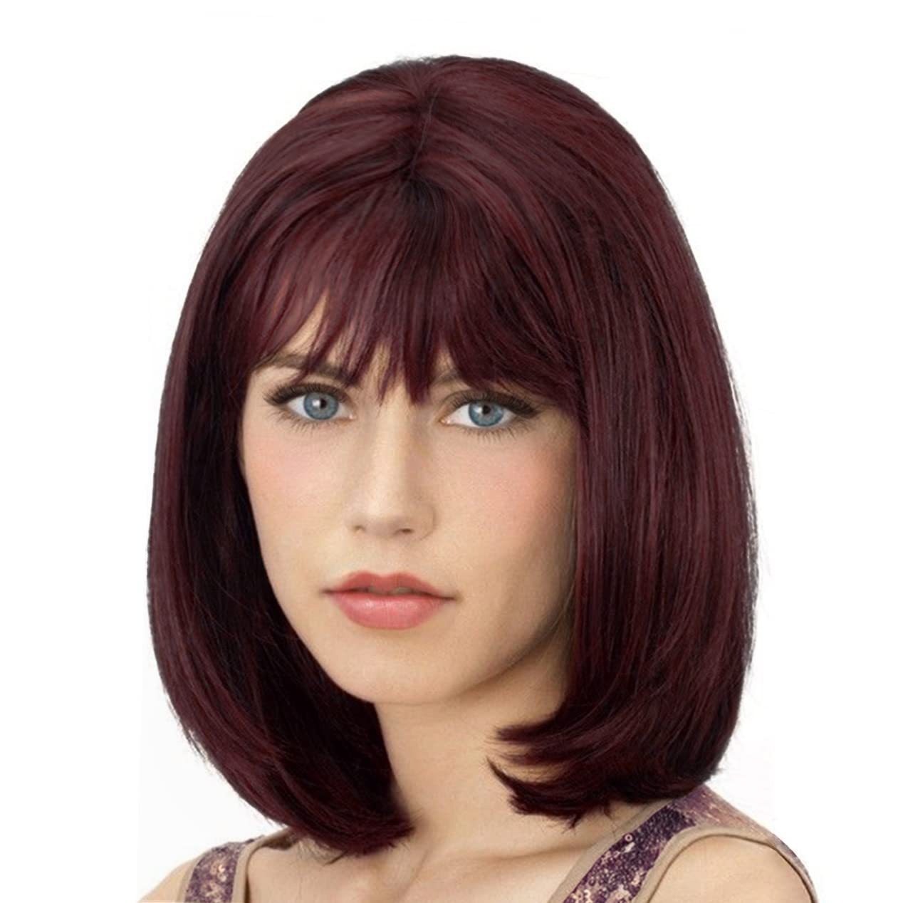 Women's Shoulder Length Bob Hair Wig Synthetic Fiber European American Style Full Headpiece With Bangs Machine Made Short Hair Wigs_voghion.com
