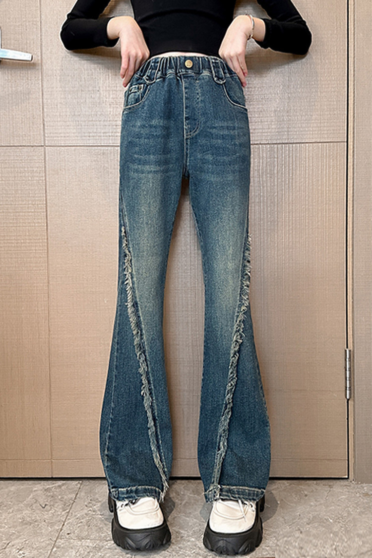 Jeans in denim effetto consumato per bambini con orlo grezzo e vestibilità comoda - Jeans elasticizzati in vita azzurri per ragazze, stile streetwear alla moda_voghion.com