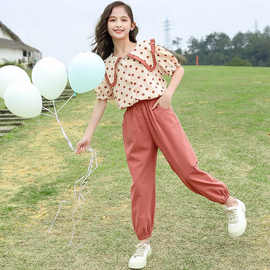 女童套装夏装2023新款儿童娃娃领波点衬衫九分裤束脚裤运动两件套
