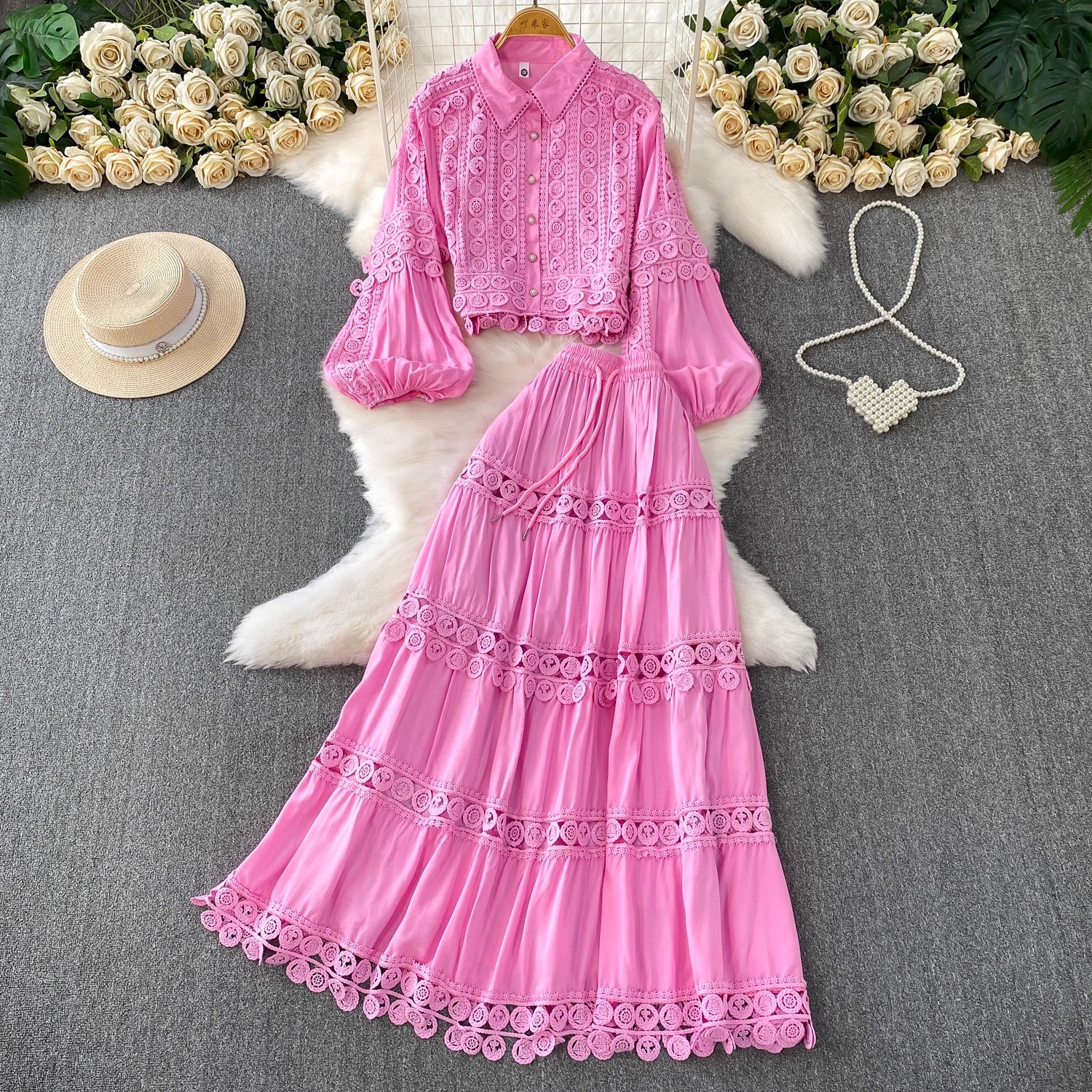 Elegantes Damen Zweiteiler Set Rosa Spitzenbluse Mit Rock_voghion.com
