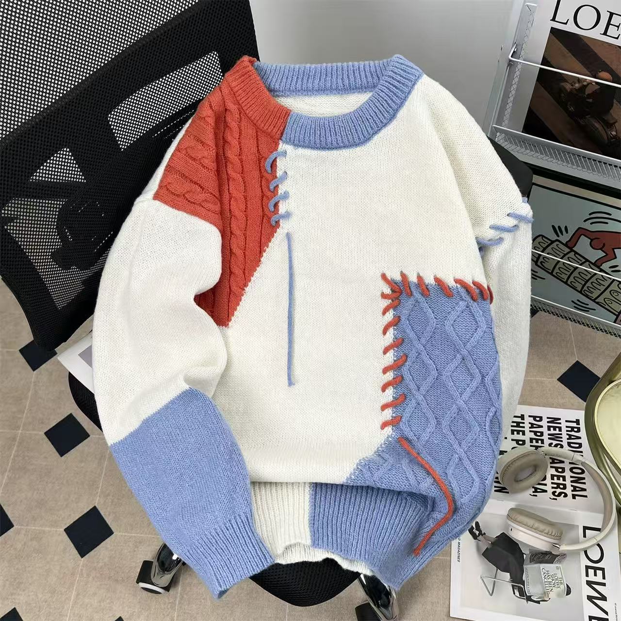 Al por mayor transfronterizo nueva moda jersey de punto hombre manga larga negro blanco naranja blanco verde en stock transpirable