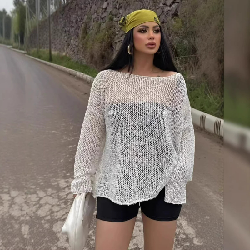 European and American Cross-Border 2026 Solid Color Hollow-Out Knit Sweater for Women, Sun Protection Cover-Up, Early Spring Stylish Loose Thin Top European and American Cross-Border 2026 Solid Color Hollow-Out Knit Sweater for Women, Sun Protection Cover-Up, Early Spring Stylish Loose Thin Top