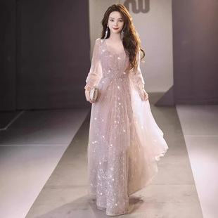 Pink Evening Dress 2025 New Annual Party Banquet Elegant Long Accessible Luxury Niche Host Long-Sleeved Mesh Dress