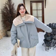 韩系气质短款仿羊羔毛拼接棉服女冬季新款宽松小个子藏青棉衣外套