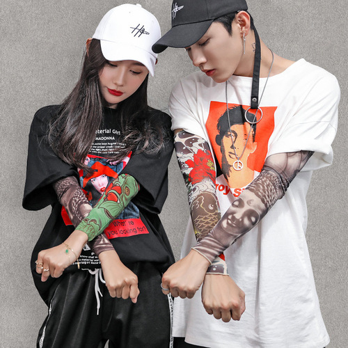 Ice silk sunscreen sleeves new style tattoo flower arm seamless men and women cycling summer driving cool national style long ice sleeves
