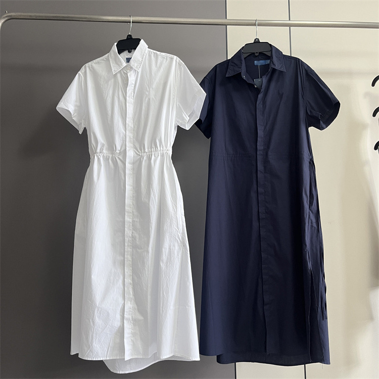 0696 American Style Women's Waist-Cinching Tie-Waist Mid-Length Elegant Commuter Lapel Short-Sleeve Shirt Dress 175L