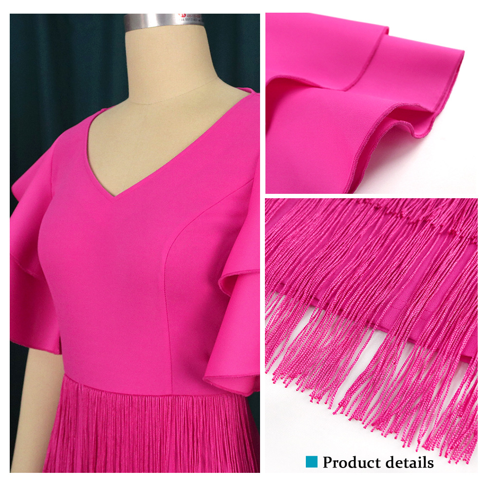 Women's Clothing Rose Red Tassel Skirt Ruffle Sleeve Sexy V Neck Large Size 4XL Dress Party Dress_voghion.com
