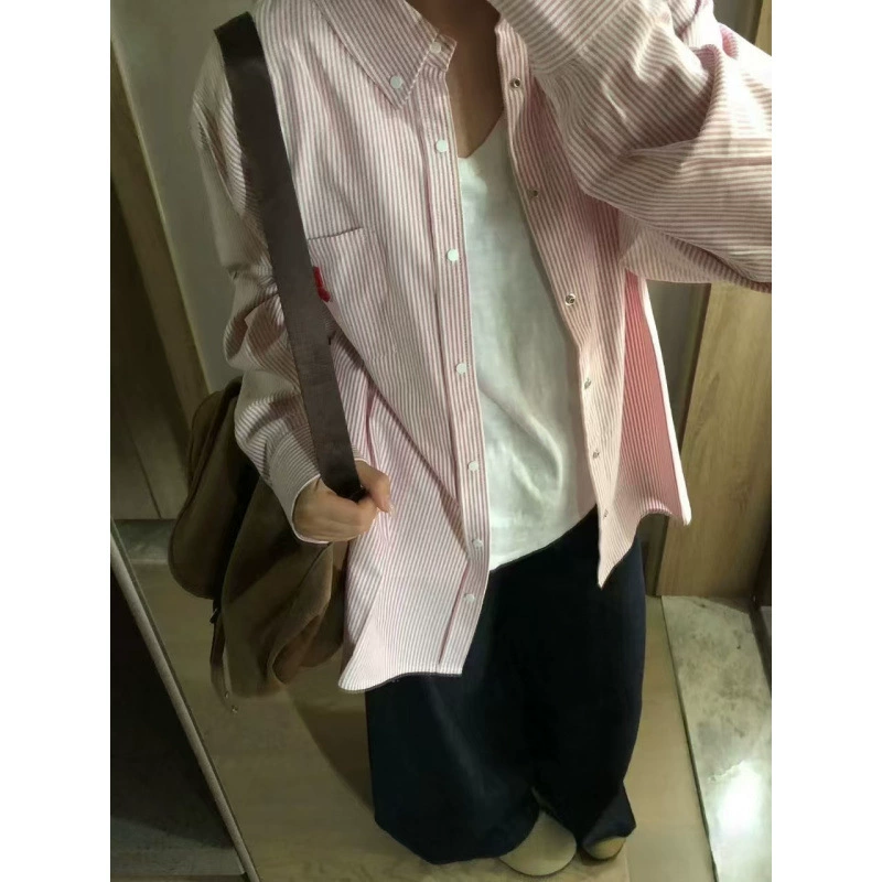 Корейская сладкая розовая полосатая рубашка женская весенне-осенняя тонкая куртка нишевые дизайнерские чувства топ с длинными рукавами рубашка