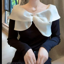 2025秋季新款现货时尚蝴蝶结T恤洋气修身显瘦长袖打的上衣女潮