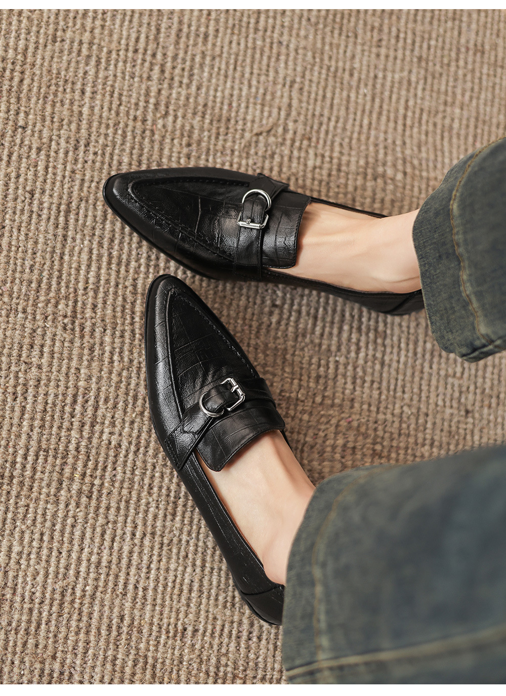 Giày loafer nữ phong cách Anh quốc, mũi sâu, gót thấp vuông, da bò — màu nâu chi tiết 3
