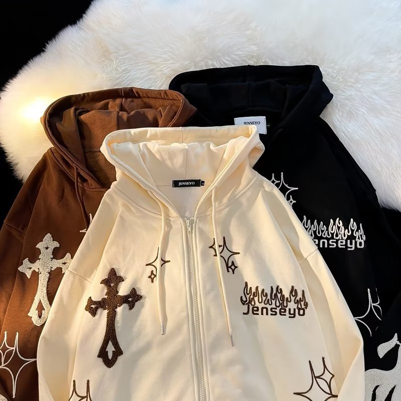 Cardigan Hooded Sweatshirt Men S Embroidered Cross Flame Jacket Spring And Autumn American Hip Hop Couple Loose Retro Top_voghion.com