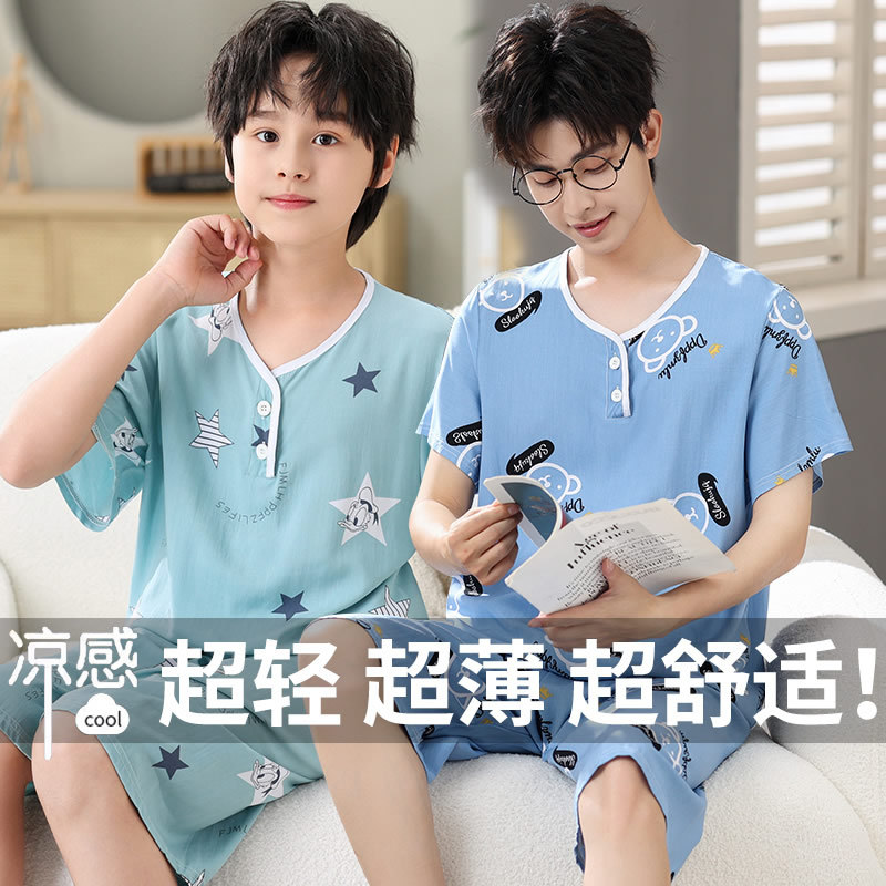 Cotton silk pajamas boys' summer youth air conditioning clothes suit medium and big children boys' loose plus size homewear cartoon
