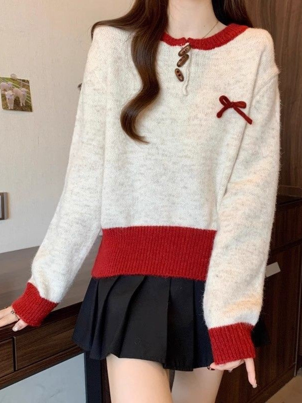 复古撞色松弛感针织毛衣女2025秋冬季新款慵懒风气质宽松显瘦上衣|undefined