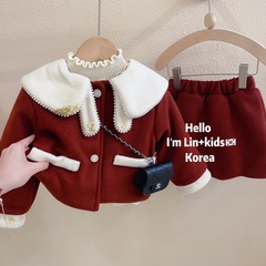 Lemon-Color Wool Knit Set for Girls - Winter Outfit, New Year's Dress for Little Girls, Doll Collar Short Skirt, Fleece Two-Piece Set