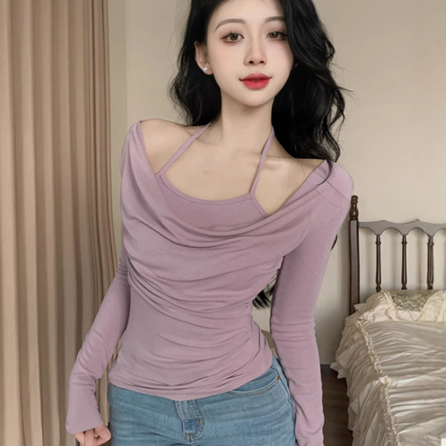 Sexy Pure Desire Half-Sleeve T-Shirt with V-Neck for Women, Autumn Slimming Hot Girl and Mature Lady Swing Collar Base Shirt Top for Women