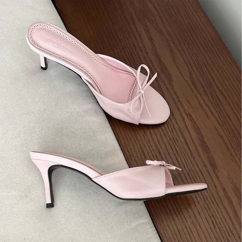 Bow Open Toe Thin Heel Mid Heel Slippers Outer Wear High Heel Women's Sandals Round Head Slippers Women Outer Wear 2025 New Bow Open Toe Thin Heel Mid Heel Slippers Outer Wear High Heel Women's Sandals Round Head Slippers Women Outer Wear 2025 New