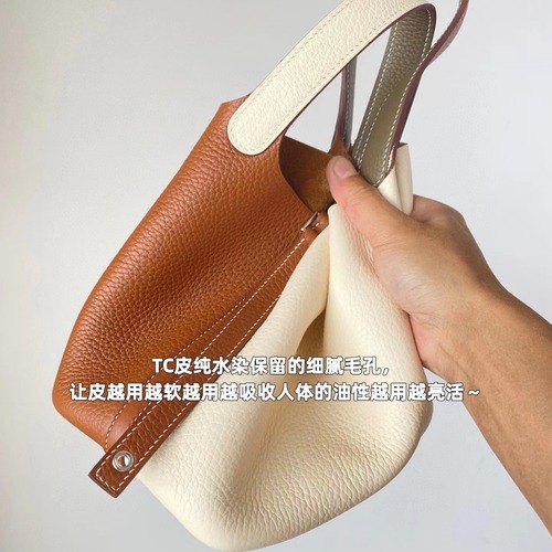 European and American imported hand-sewn vegetable basket women's bag genuine leather TC18 litchi pattern portable bucket bag handmade wax thread