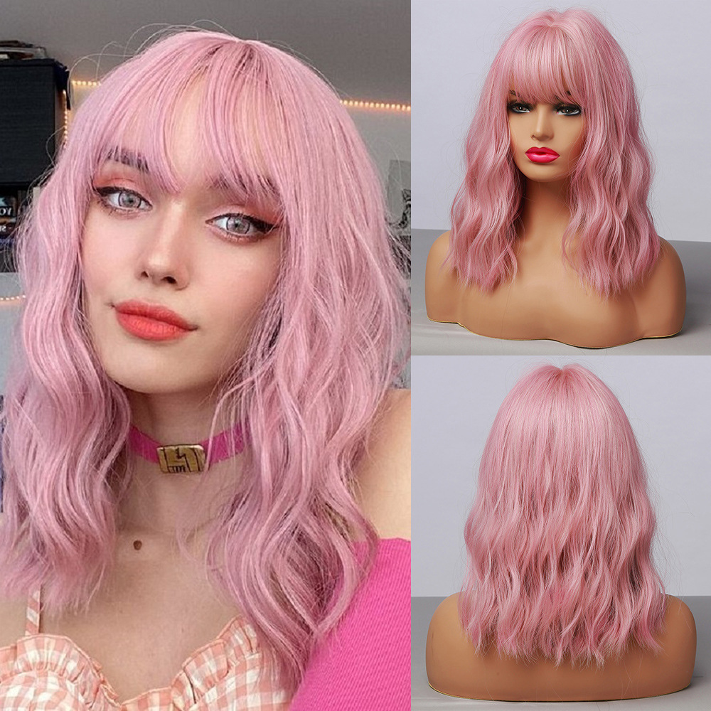 Amazon cos europeo y americano Venta caliente flequillo lindo cereza Rosa Pelo Rizado corto Bob cabeza de las mujeres naturales Fibra Química peluca